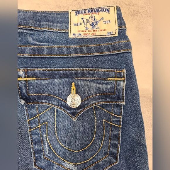 True Religion Low-Rise Boot Cut Medium Wash Distressed Jeans | 28 - Picture 8 of 15